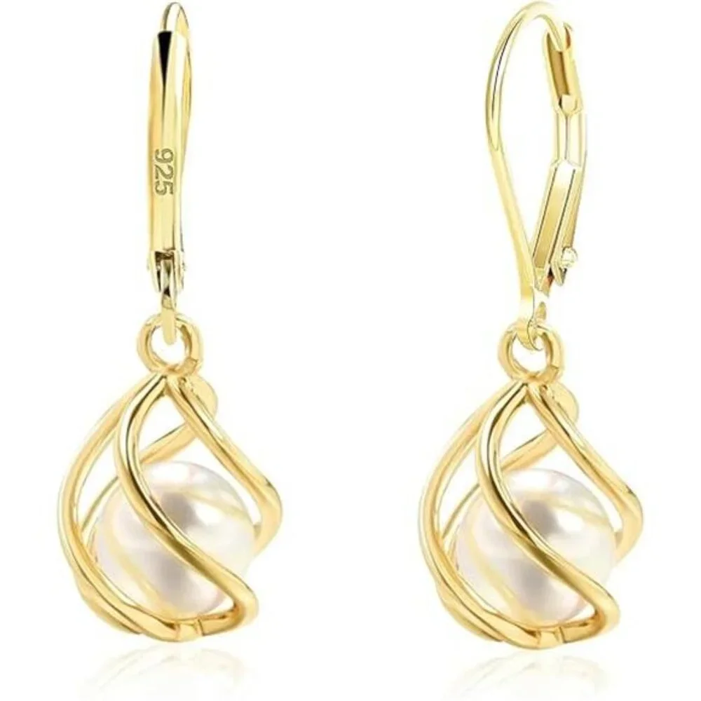 Gold-Plated Caged Pearl Drop Earrings – Lightweight, Hypoallergenic - Picture 6 of 6